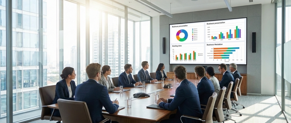 Conference Room LED Display Screen installed in bright executive meeting room